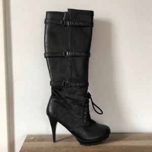 Promiscuous black strap knee high spiked boots
